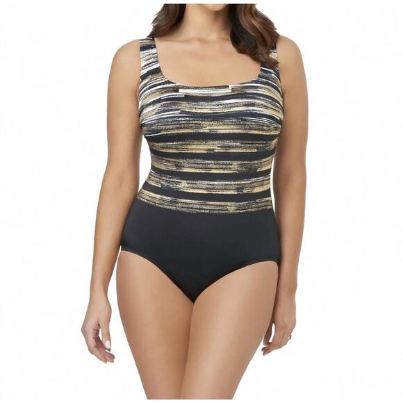 Inches Away Other - Inches Away Women’s One Piece Swimsuit Black Gold Stripe Size 8 NWT Swim